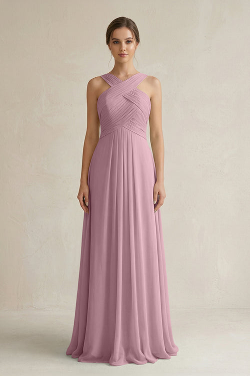 Vintage Mauve Cross Halter Chiffon A-Line Pleated Bridesmaid Dress | KISSBRIDAL