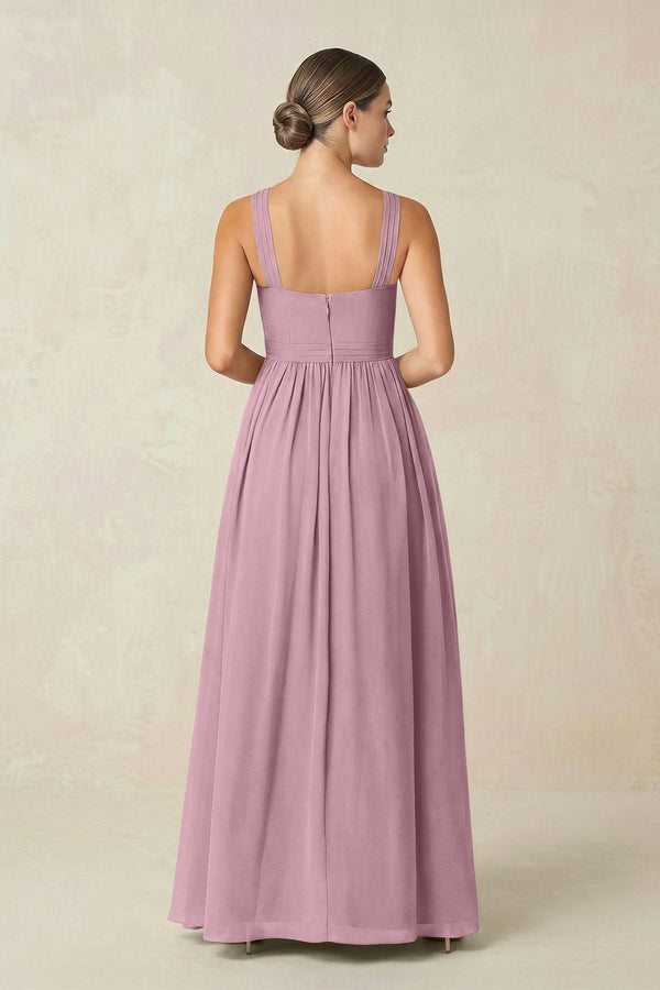 Vintage Mauve Cross Halter Neck Chiffon A-Line Bridesmaid Dress With Slit (2) | KISSBRIDAL