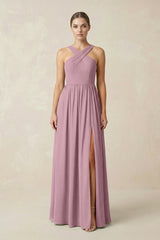 Vintage Mauve Cross Halter Neck Chiffon A-Line Bridesmaid Dress With Slit | KISSBRIDAL