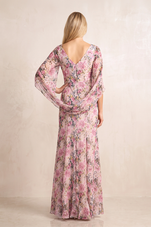 Vintage Mauve Floral Printed Sheath Chiffon Mother of the Bride Dress with Cape Sleeves (2) | KISSBRIDAL