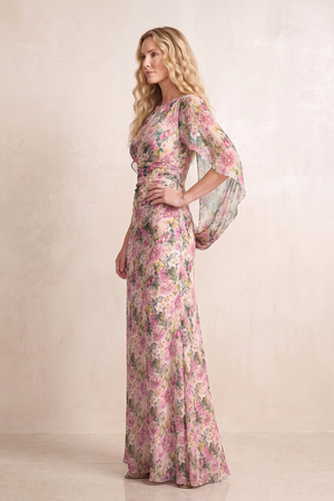 Vintage Mauve Floral Printed Sheath Chiffon Mother of the Bride Dress with Cape Sleeves (3) | KISSBRIDAL