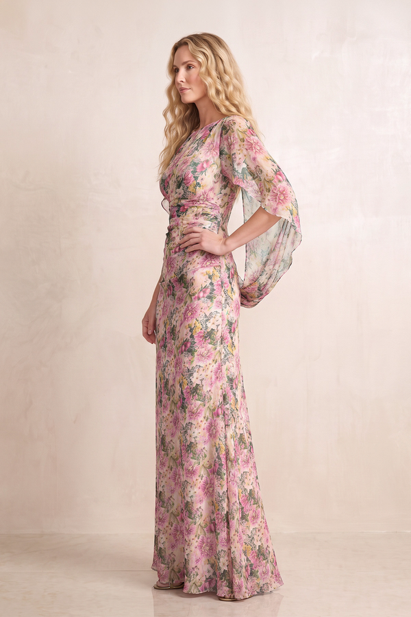 Vintage Mauve Floral Printed Sheath Chiffon Mother of the Bride Dress with Cape Sleeves (3) | KISSBRIDAL