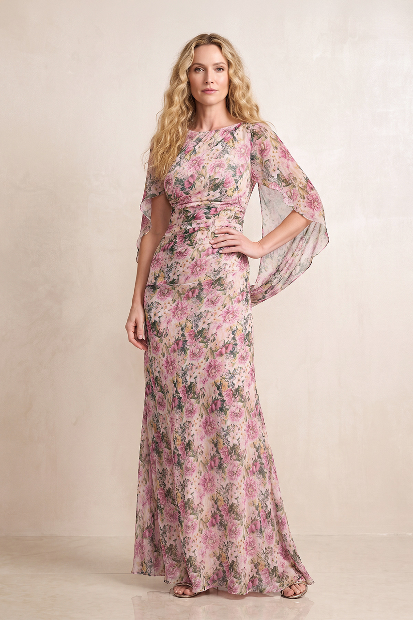 Vintage Mauve Floral Printed Sheath Chiffon Mother of the Bride Dress with Cape Sleeves