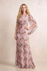 Vintage Mauve Floral Printed Sheath Chiffon Mother of the Bride Dress with Cape Sleeves | KISSBRIDAL