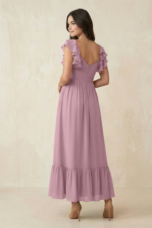 Vintage Mauve Flutter Sleeve Sweetheart A-Line Chiffon Bridesmaid Dress (2) | KISSBRIDAL