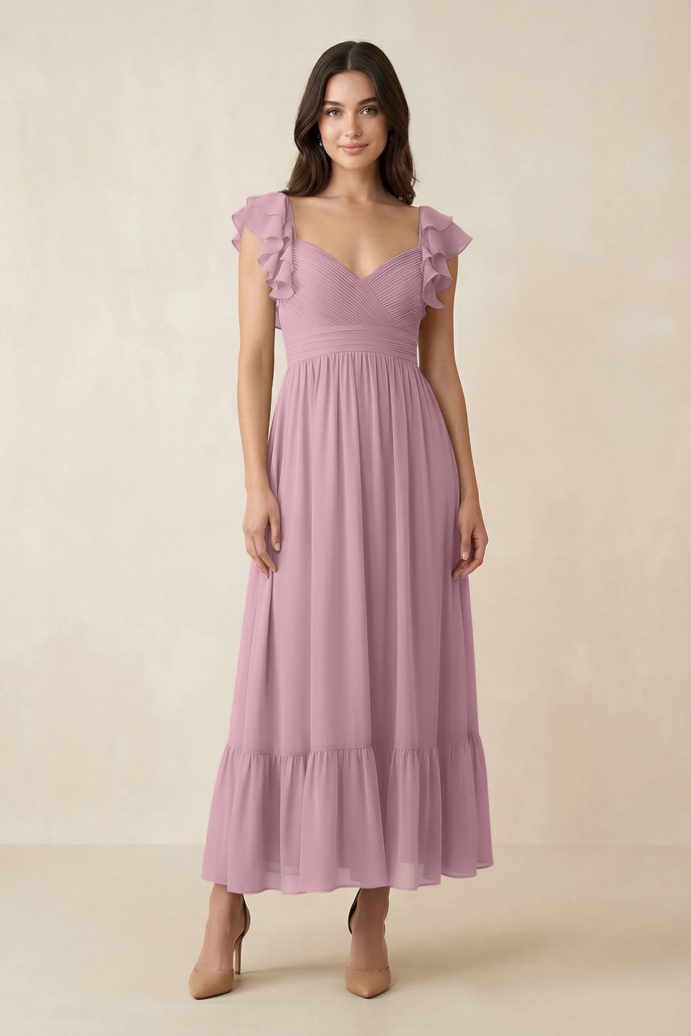 Flutter Sleeve Sweetheart A-Line Chiffon Bridesmaid Dress in Vintage Mauve