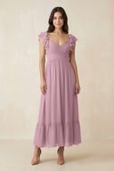 Vintage Mauve Flutter Sleeve Sweetheart A-Line Chiffon Bridesmaid Dress | KISSBRIDAL