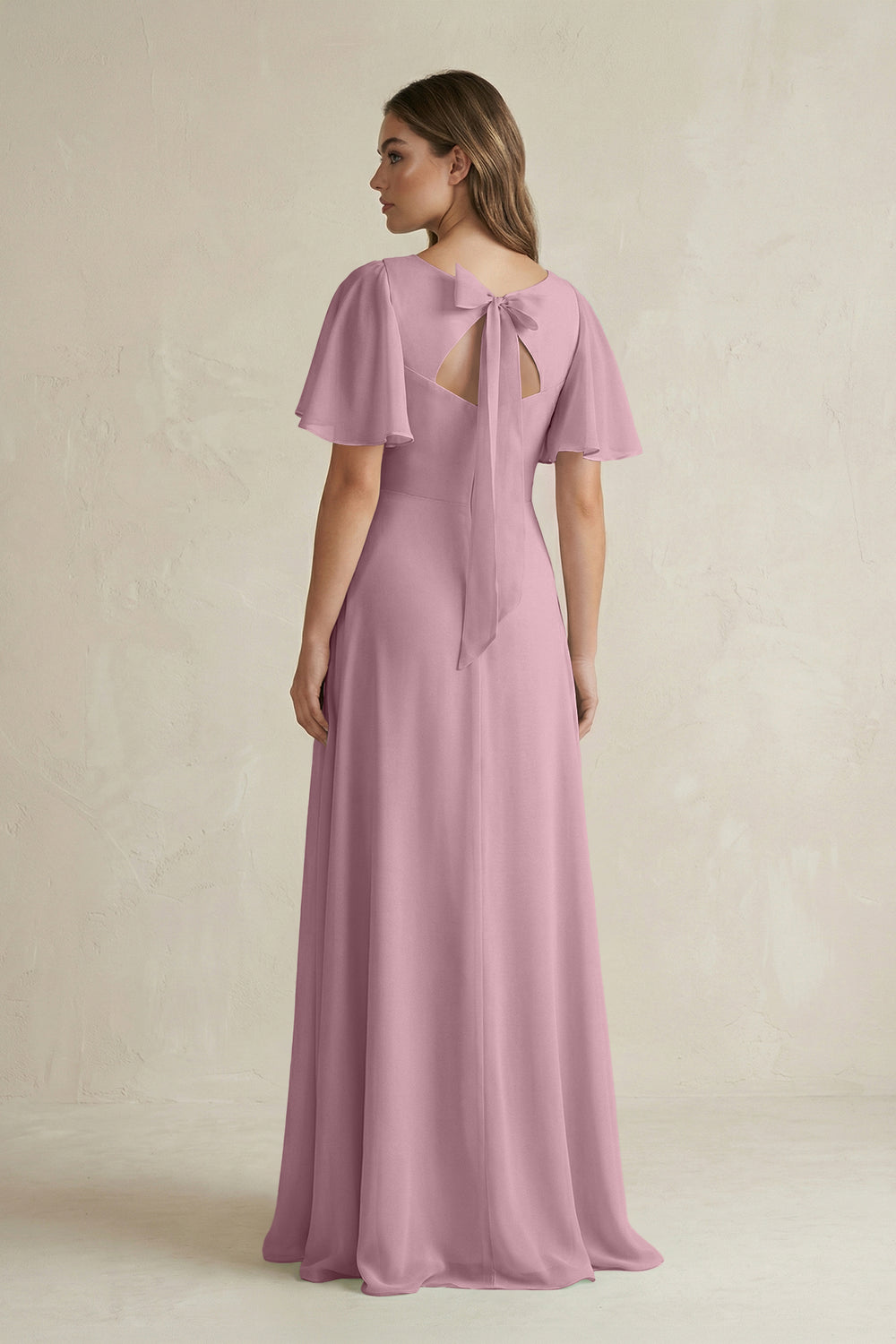 Flutter Sleeve V-Neck A-Line Chiffon Bridesmaid Dress in Vintage Mauve