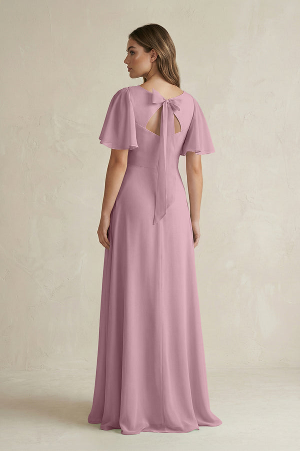 Vintage Mauve Flutter Sleeve V-Neck A-Line Chiffon Bridesmaid Dress (2) | KISSBRIDAL