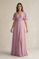 Vintage Mauve Flutter Sleeve V-Neck A-Line Chiffon Bridesmaid Dress | KISSBRIDAL