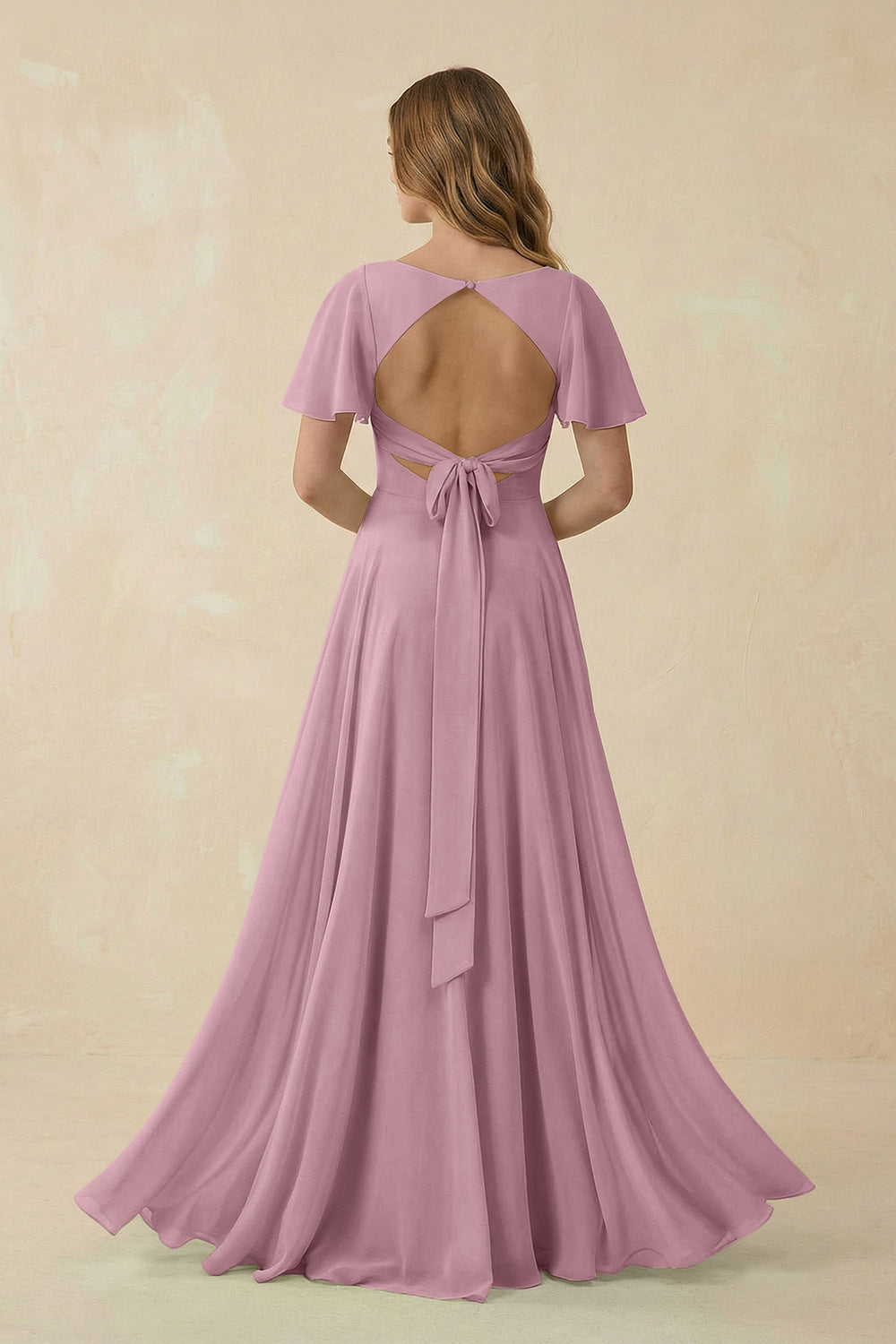 Flutter Sleeve V-Neck Chiffon A-Line Bridesmaid Dress in Vintage Mauve