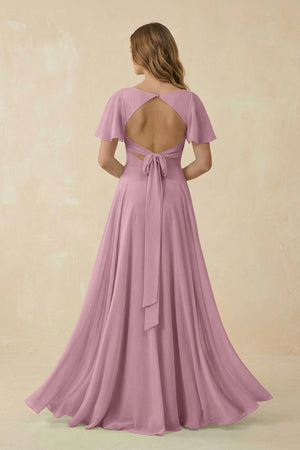 Vintage Mauve Flutter Sleeve V-Neck Chiffon A-Line Bridesmaid Dress (2) | KISSBRIDAL