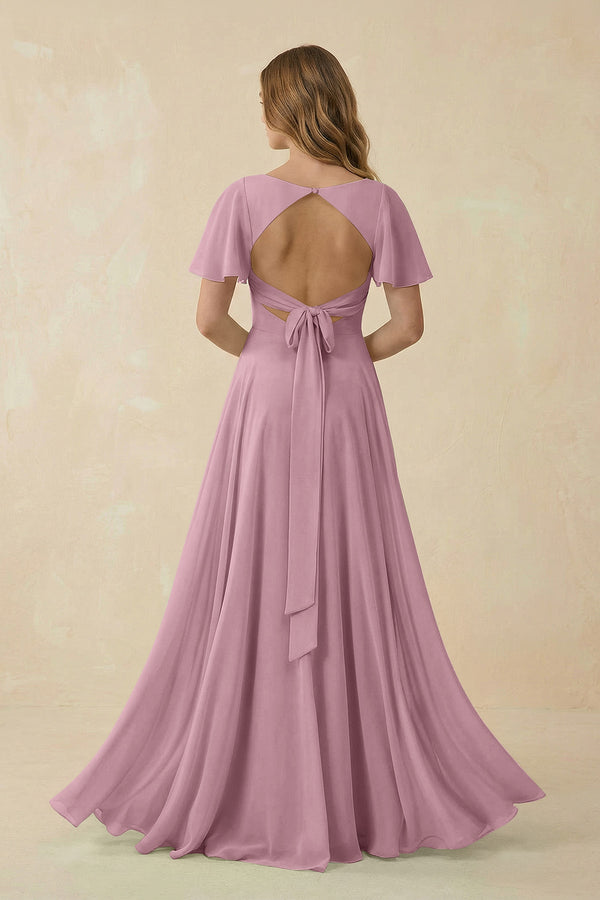 Vintage Mauve Flutter Sleeve V-Neck Chiffon A-Line Bridesmaid Dress (2) | KISSBRIDAL