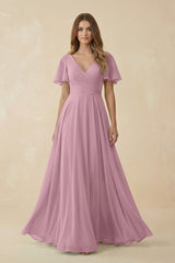 Vintage Mauve Flutter Sleeve V-Neck Chiffon A-Line Bridesmaid Dress | KISSBRIDAL