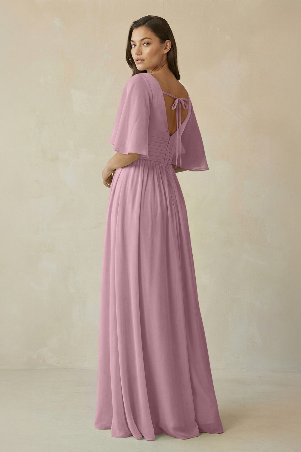 Half Sleeve V-Neck A-Line Chiffon Bridesmaid Gown in Vintage Mauve