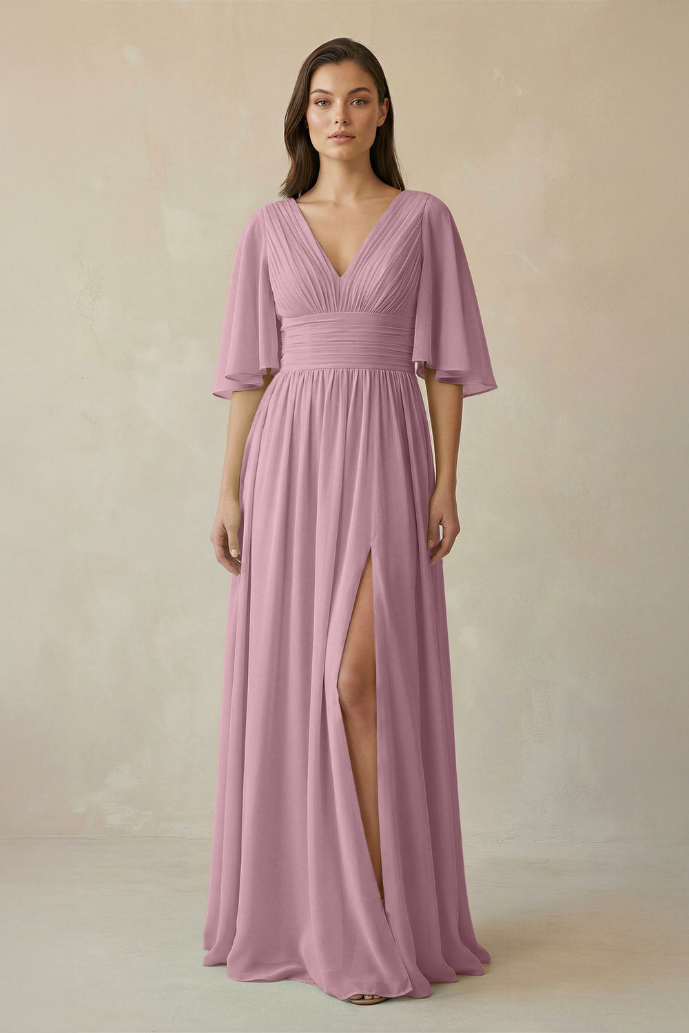 Half Sleeve V-Neck A-Line Chiffon Bridesmaid Gown in Vintage Mauve