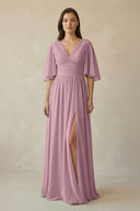 Vintage Mauve Half Sleeve V-Neck A-Line Chiffon Bridesmaid Gown | KISSBRIDAL