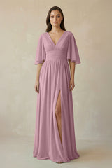 Vintage Mauve Half Sleeve V-Neck A-Line Chiffon Bridesmaid Gown | KISSBRIDAL