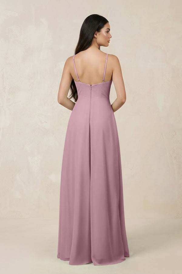 Vintage Mauve Halter Chiffon A-Line Bridesmaid Dress With Slit (2) | KISSBRIDAL