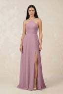 Vintage Mauve Halter Chiffon A-Line Bridesmaid Dress With Slit | KISSBRIDAL