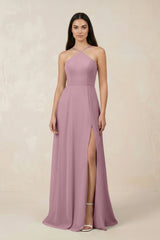 Vintage Mauve Halter Chiffon A-Line Bridesmaid Dress With Slit | KISSBRIDAL