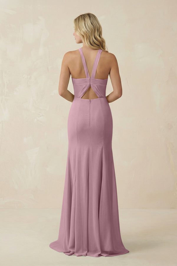 Vintage Mauve Halter Chiffon Mermaid Ruched Bridesmaid Dress (2) | KISSBRIDAL