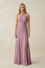 Vintage Mauve Halter Chiffon Mermaid Ruched Bridesmaid Dress | KISSBRIDAL