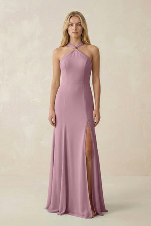 Vintage Mauve Halter Chiffon Mermaid Ruched Bridesmaid Dress | KISSBRIDAL