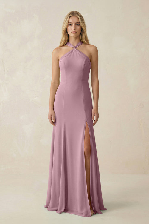 Vintage Mauve Halter Chiffon Mermaid Ruched Bridesmaid Dress | KISSBRIDAL