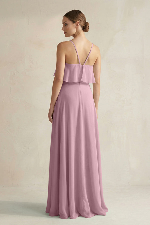 Vintage Mauve Halter Neck A-Line Chiffon Bridesmaid Dress with Keyhole (2) | KISSBRIDAL