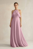 Vintage Mauve Halter Neck A-Line Chiffon Bridesmaid Dress with Keyhole | KISSBRIDAL