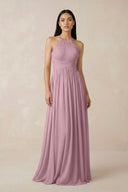 Vintage Mauve Halter Neck A-Line Chiffon Bridesmaid Dress | KISSBRIDAL
