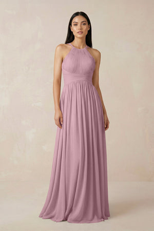 Vintage Mauve Halter Neck A-Line Chiffon Bridesmaid Dress | KISSBRIDAL