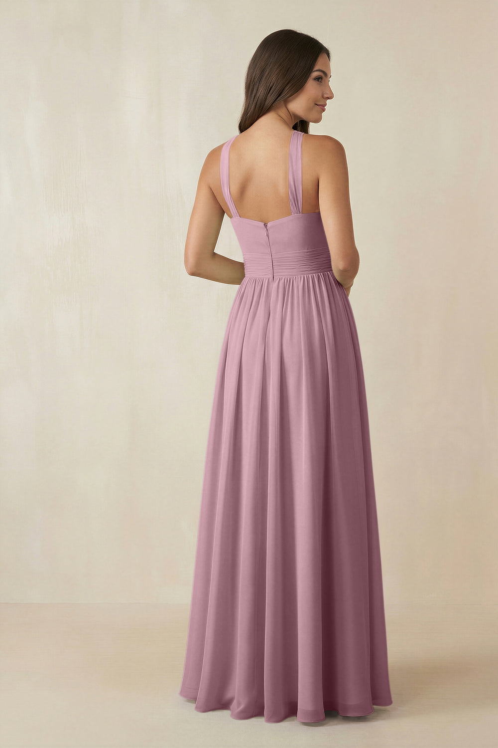 Halter Neck Ruched A-Line Chiffon Bridesmaid Dress in Vintage Mauve