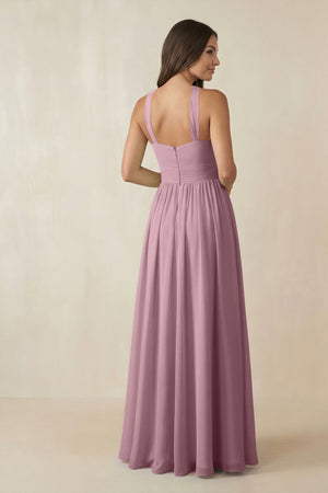 Vintage Mauve Halter Neck Ruched A-Line Chiffon Bridesmaid Dress (2) | KISSBRIDAL
