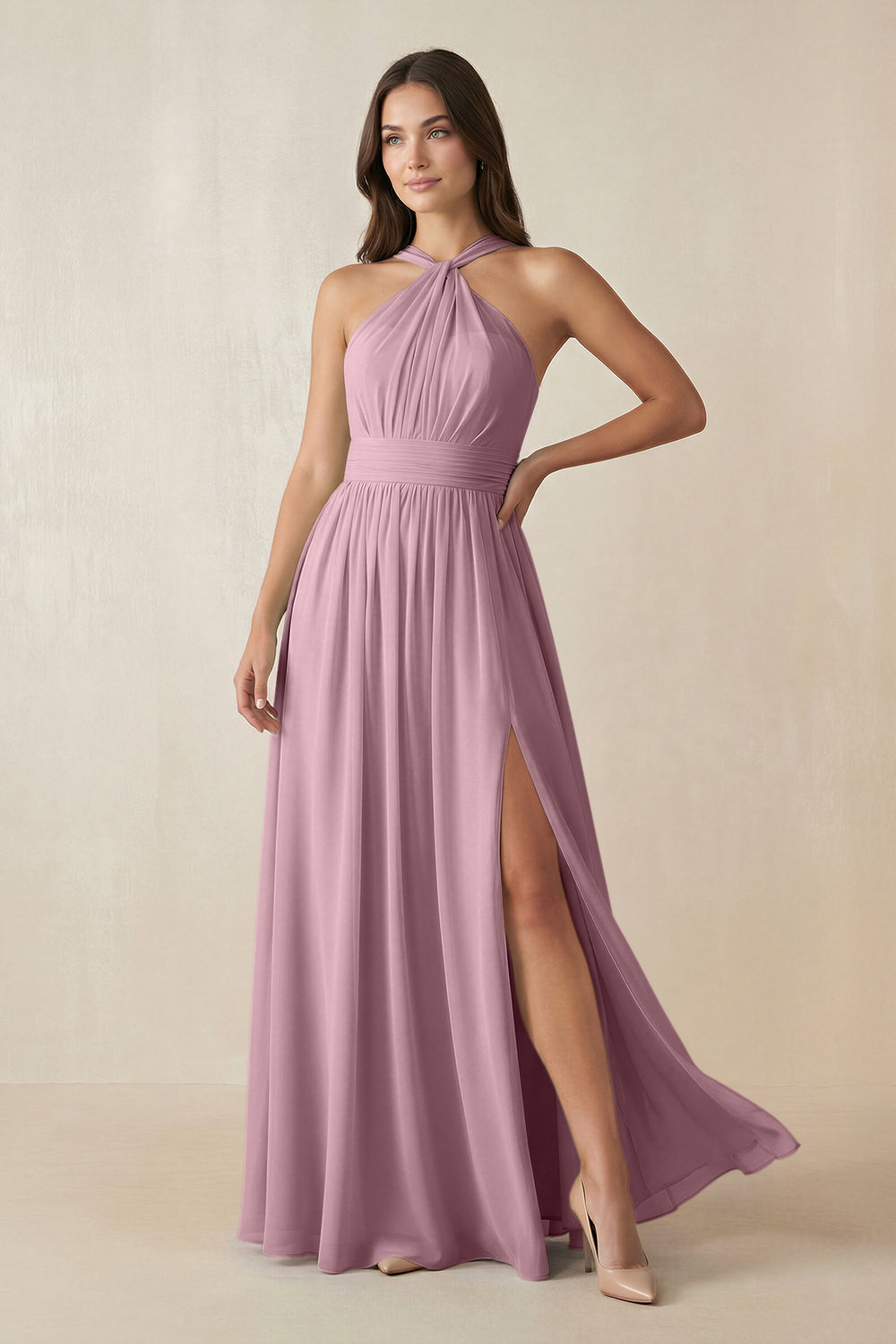 Halter Neck Ruched A-Line Chiffon Bridesmaid Dress in Vintage Mauve