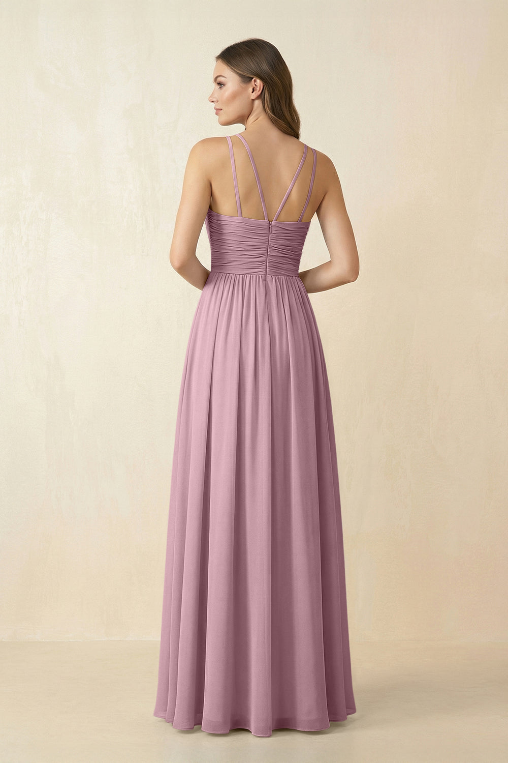 Halter Pleated A-Line Chiffon Bridesmaid Dress in Vintage Mauve