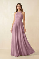Vintage Mauve Halter Pleated A-Line Chiffon Bridesmaid Dress | KISSBRIDAL