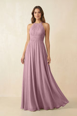 Vintage Mauve Halter Pleated A-Line Chiffon Bridesmaid Dress | KISSBRIDAL