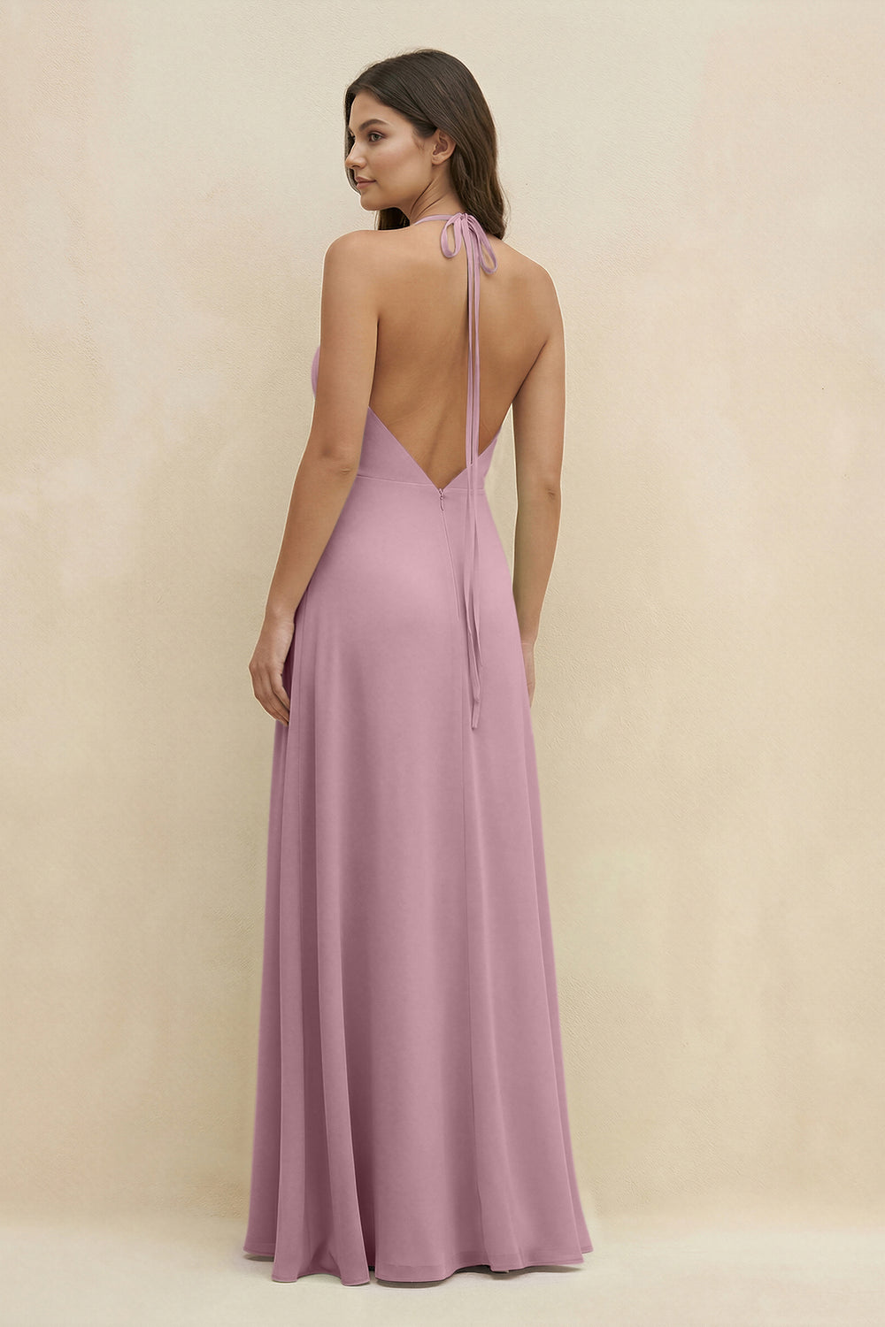 Halter Sheath Long Chiffon Bridesmaid Dress in Vintage Mauve