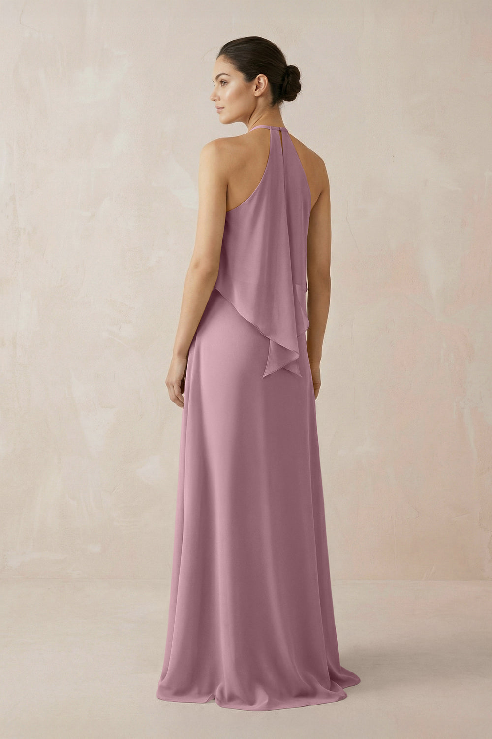 Halter Sheath Ruffled Chiffon Bridesmaid Dress in Vintage Mauve