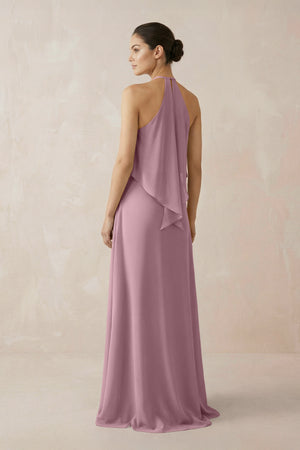 Vintage Mauve Halter Sheath Ruffled Chiffon Bridesmaid Dress (2) | KISSBRIDAL