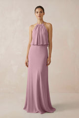 Vintage Mauve Halter Sheath Ruffled Chiffon Bridesmaid Dress | KISSBRIDAL