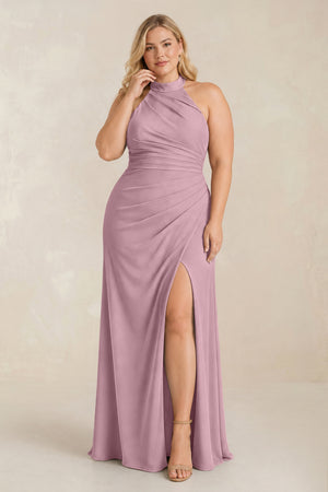 Vintage Mauve High Neck Chiffon Sheath Ruched Bridesmaid Dress [sizeplus] | KISSBRIDAL