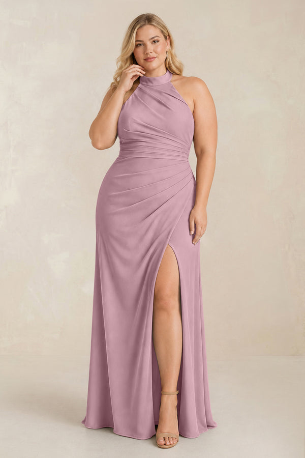 Vintage Mauve High Neck Chiffon Sheath Ruched Bridesmaid Dress [sizeplus] | KISSBRIDAL