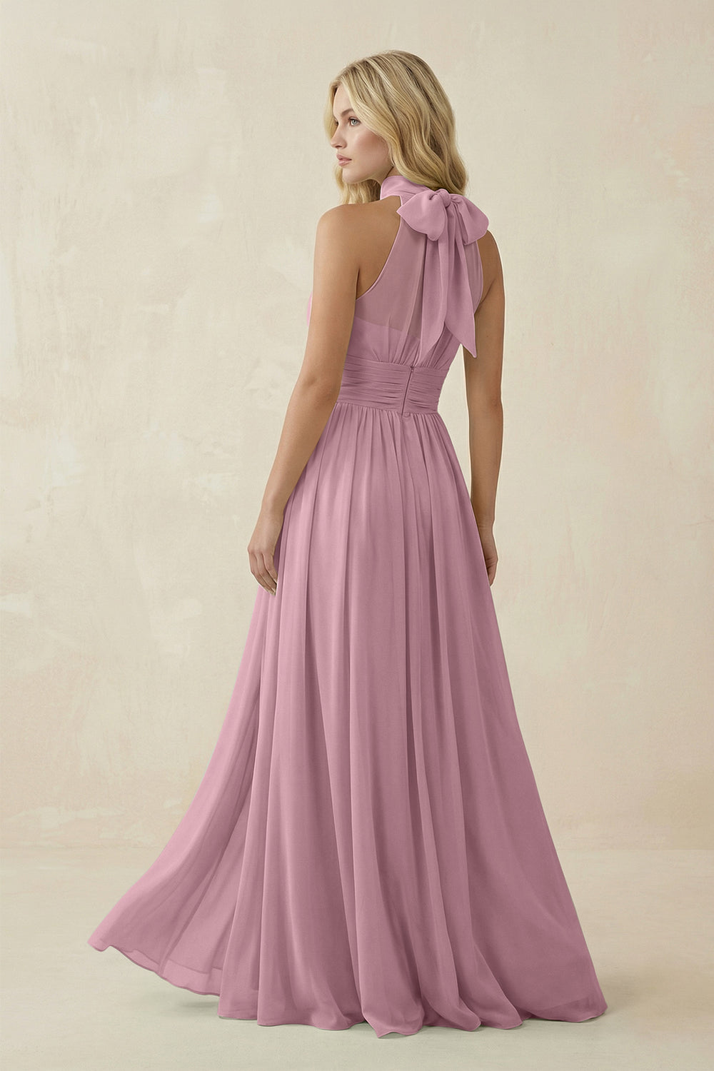 Illusion Halter A-Line Chiffon Bridesmaid Gown in Vintage Mauve