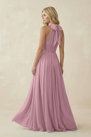 Vintage Mauve Illusion Halter A-Line Chiffon Bridesmaid Gown (2) | KISSBRIDAL