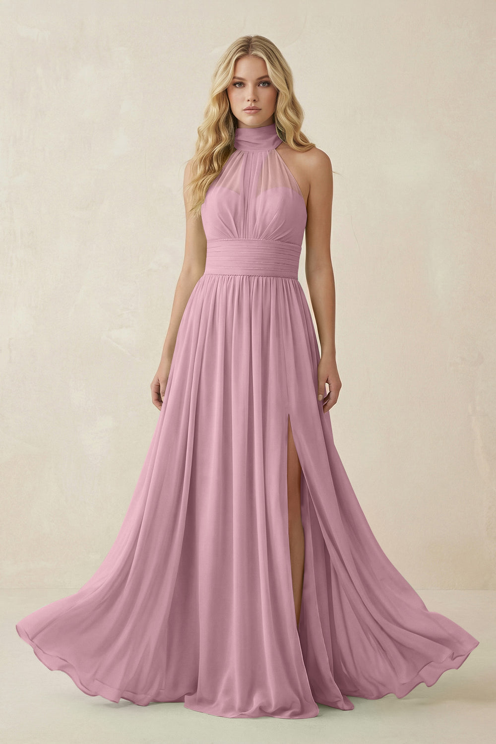Illusion Halter A-Line Chiffon Bridesmaid Gown in Vintage Mauve