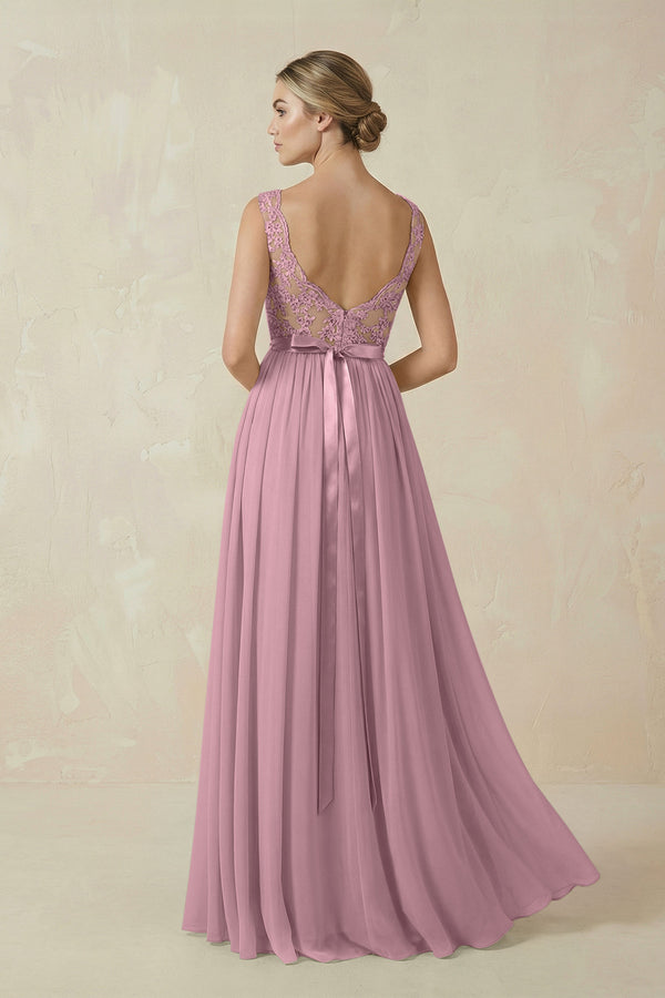 Vintage Mauve Lace A-Line Bateau Neck Chiffon Long Bridesmaid Dress (2) | KISSBRIDAL
