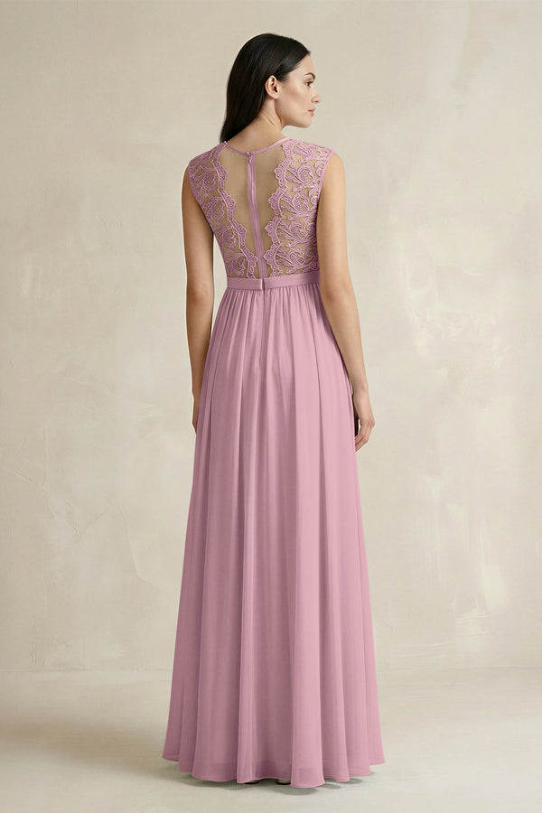 Vintage Mauve Lace Chiffon A-Line Round Neck Bridesmaid Dress (2) | KISSBRIDAL